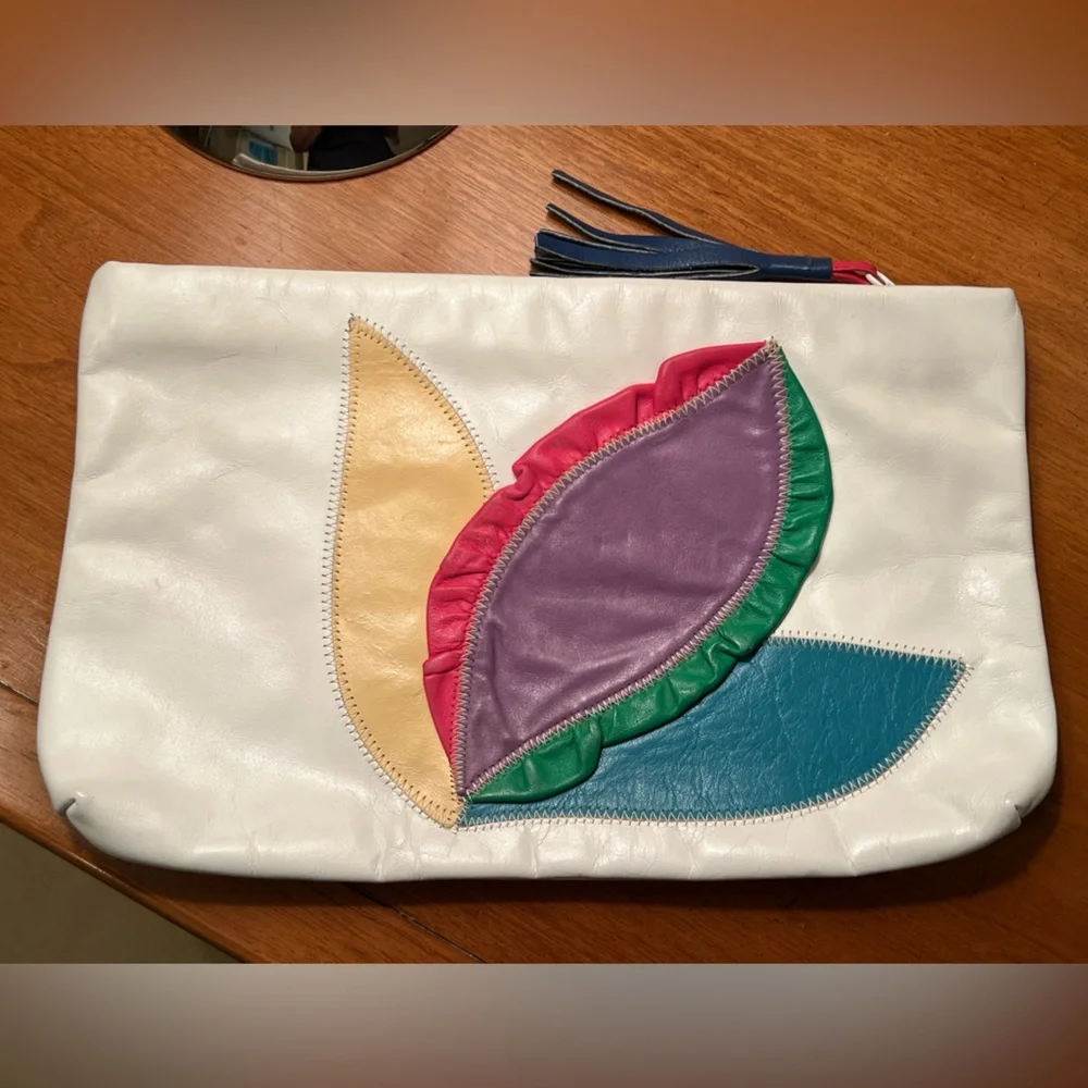 Vintage 1980s Leather Patchwork Color-Block Leaf Appliqué Clutch Pouch Bag